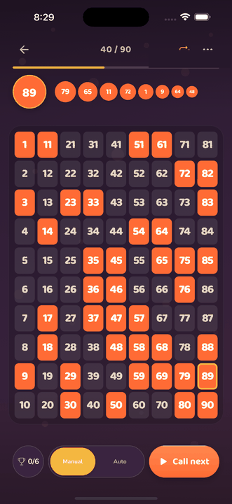 The host's screen mid-game: the called number on a ball, the 90-number board behind it, and the prize rail below.