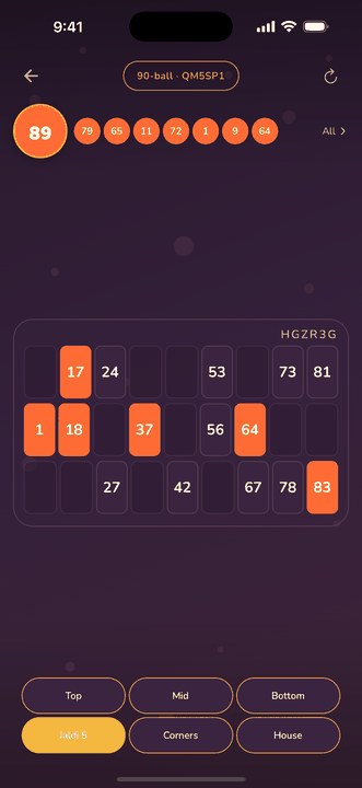 A player's ticket with called numbers marked.