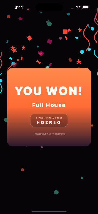 The end-of-game winners card, listing each prize and who won it.